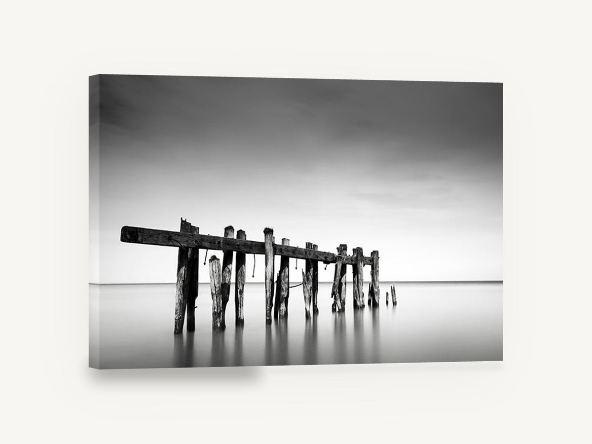 Weathered Jetty Stillness, black and white old jetty seascape, landscape canvas wall art print ready to hang