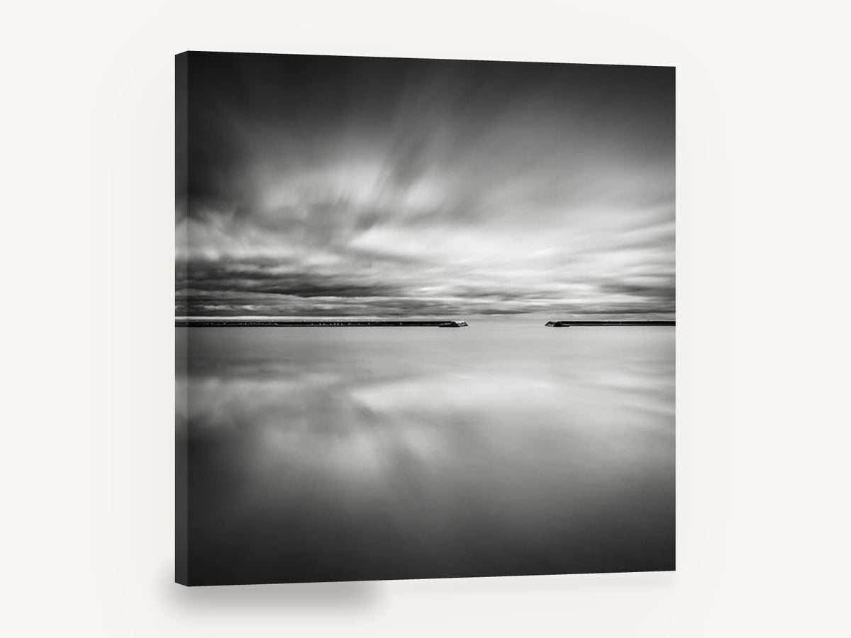 Still Harbour Mouth, black and white long exposure seascape, coastal canvas wall art print ready to hang