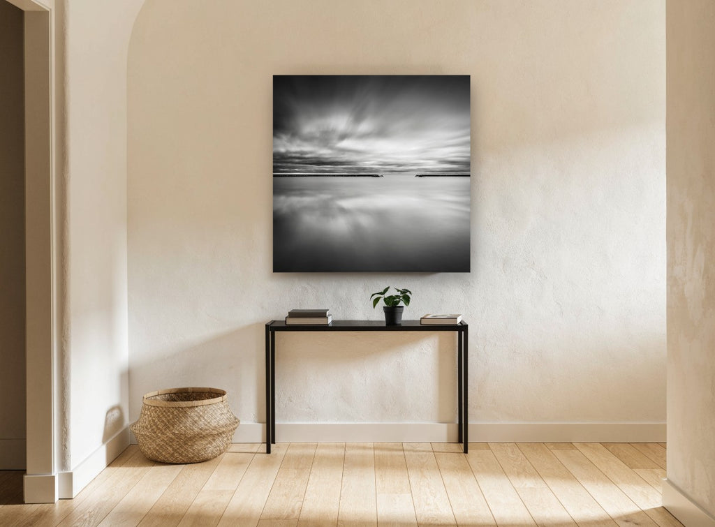 Still Harbour Mouth coastal canvas print on the wall of a hallway