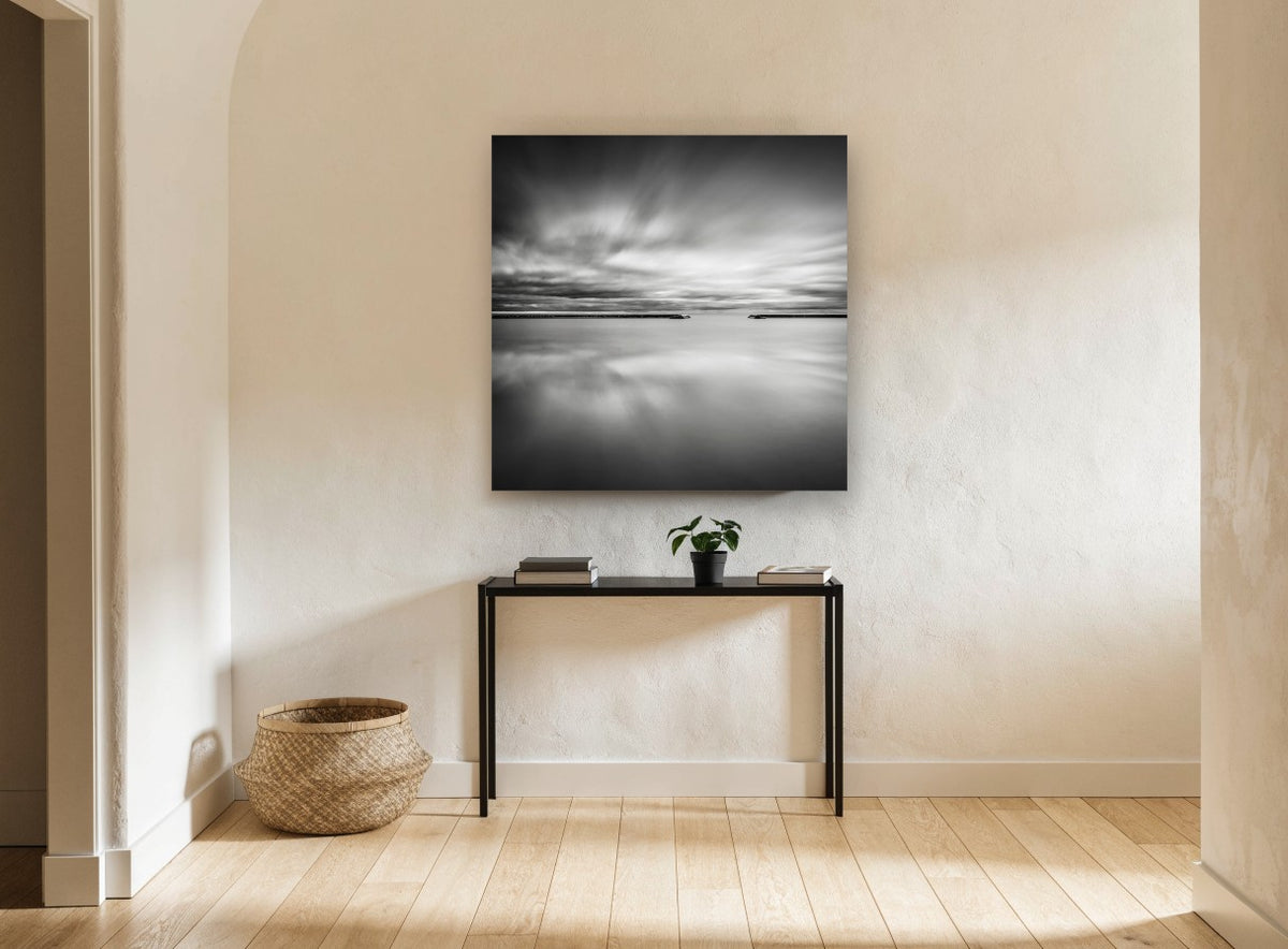 Still Harbour Mouth coastal canvas print on the wall of a hallway