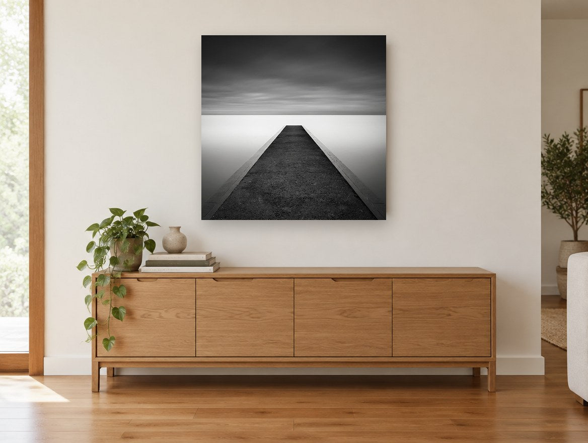 Concrete Jetty Stillness coastal canvas print on the wall of a living room above a sideboard