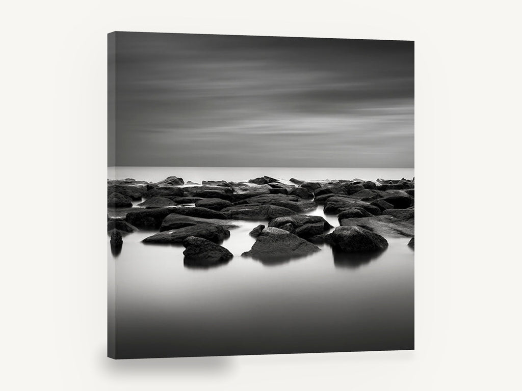 Still Water Rocks, black and white rocky seascape photograph, coastal canvas wall art print ready to hang