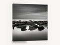 Still Water Rocks, black and white rocky seascape photograph, coastal canvas wall art print ready to hang