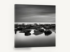 Still Water Rocks, black and white rocky seascape photograph, coastal canvas wall art print ready to hang