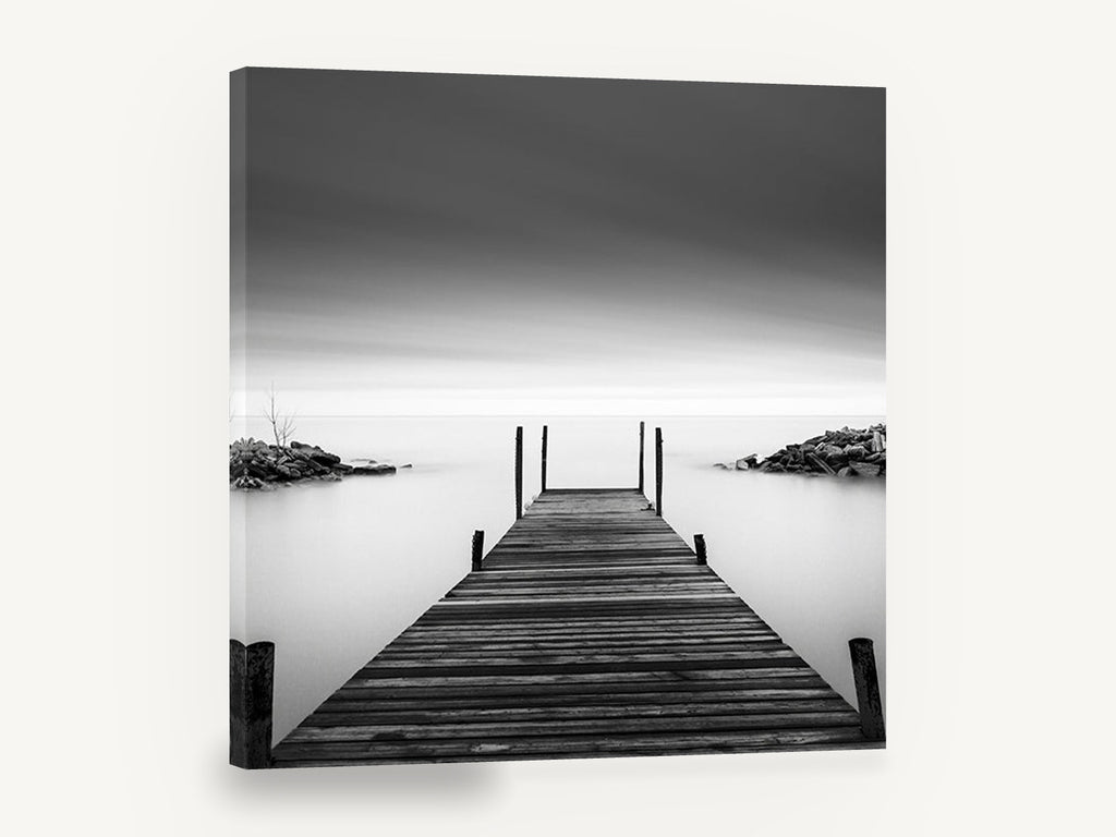 Still Water Jetty, weathered jetty black and white photograph, coastal canvas wall art print ready to hang