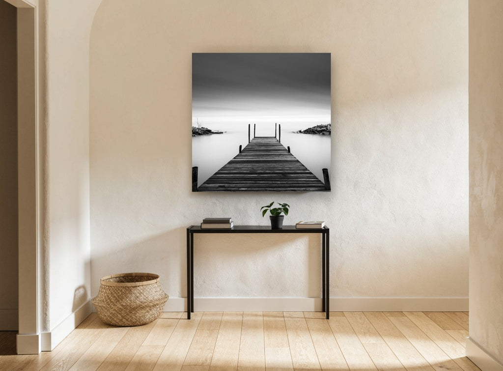 Still Water Jetty coastal canvas print on the wall of a hallway