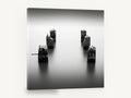 Silent Pier Stumps, weathered pier pillars black and white, coastal canvas wall art print ready to hang