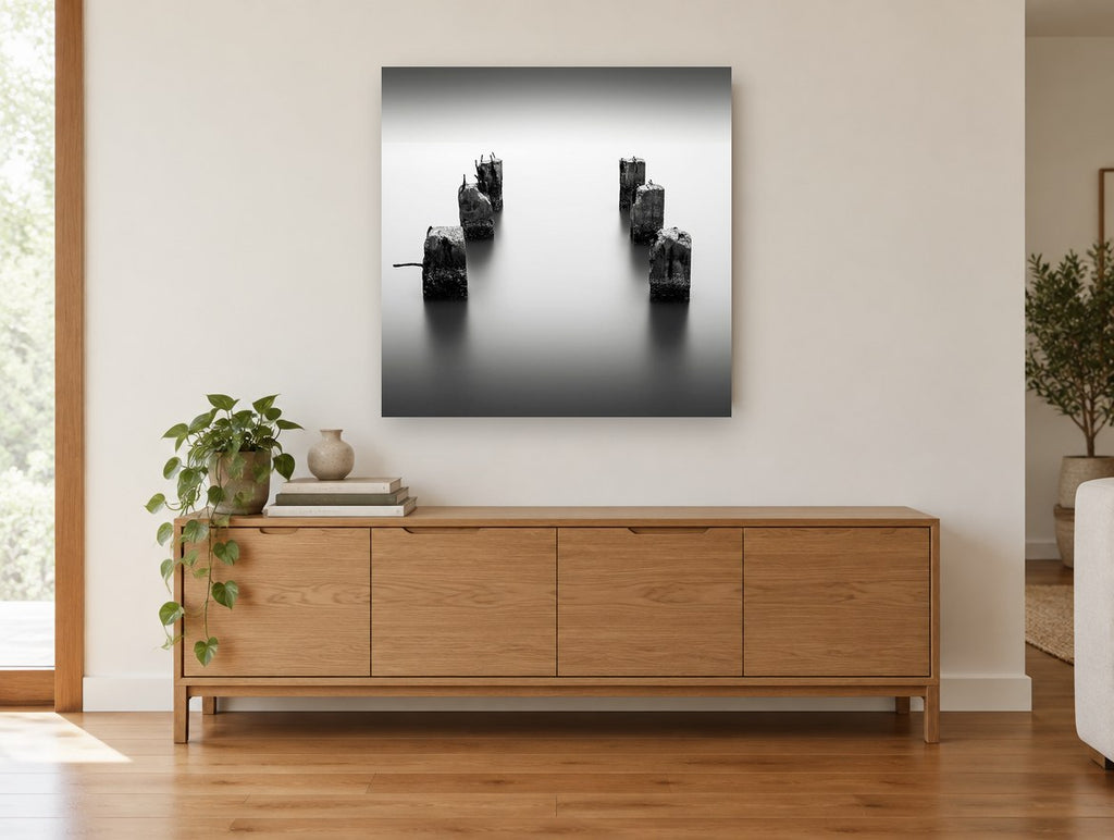 Silent Pier Stumps coastal canvas print on the wall of a living room above a sideboard
