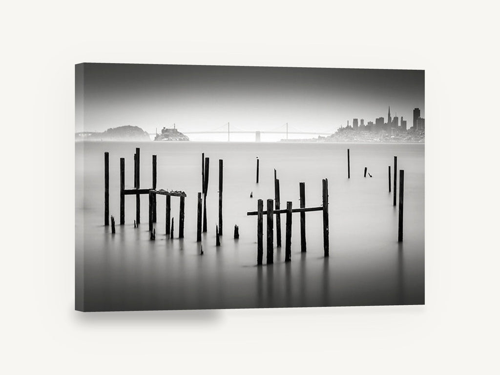 Silent Pilings, black and white pilings bay photograph, landscape canvas wall art print ready to hang