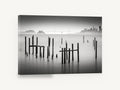 Silent Pilings, black and white pilings bay photograph, landscape canvas wall art print ready to hang