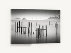 Silent Pilings, black and white pilings bay photograph, landscape canvas wall art print ready to hang