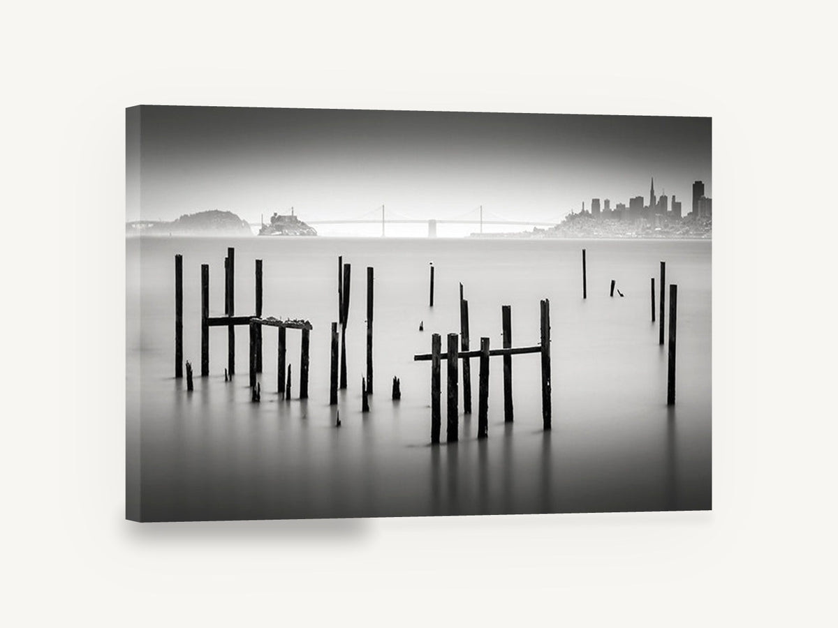 Silent Pilings, black and white pilings bay photograph, landscape canvas wall art print ready to hang