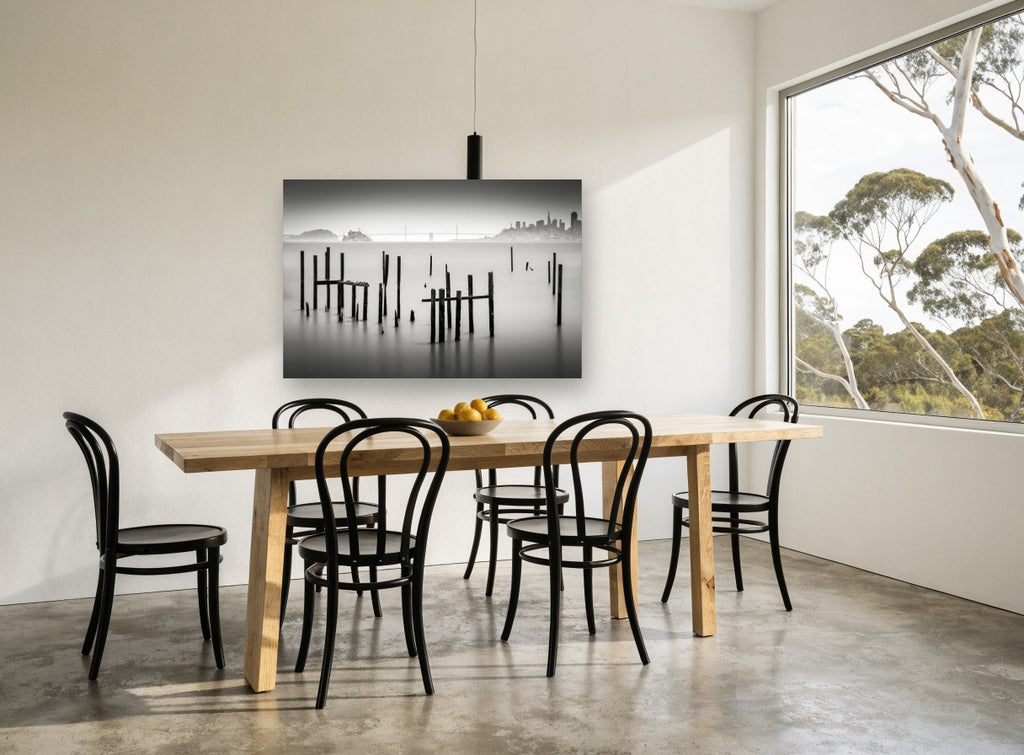 Silent Pilings landscape canvas print on the wall of a dining room
