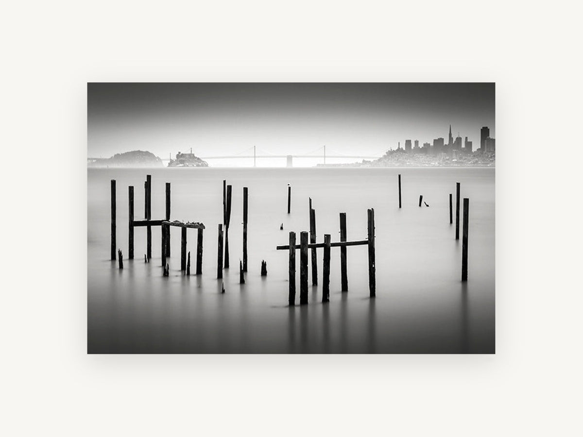 Silent Pilings, black and white pilings bay photograph, landscape canvas wall art print, front view
