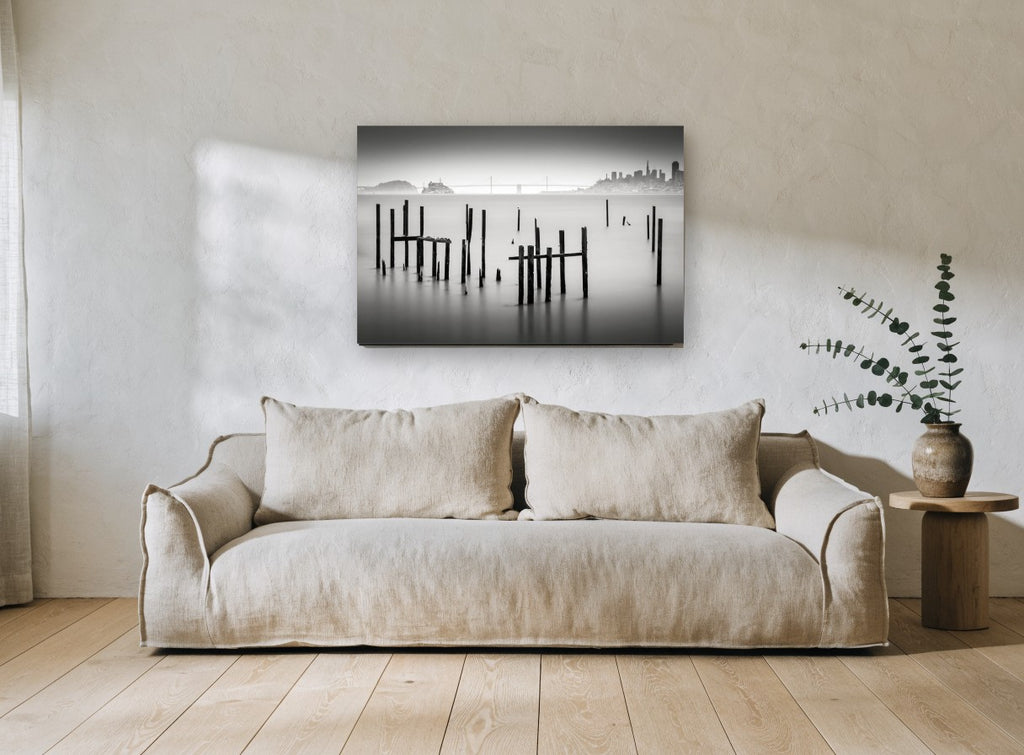 Silent Pilings landscape canvas print on the wall of a living room