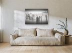 Silent Pilings landscape canvas print on the wall of a living room