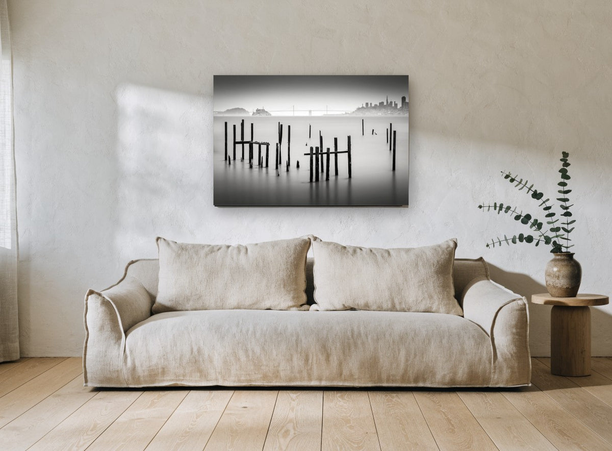 Silent Pilings landscape canvas print on the wall of a living room