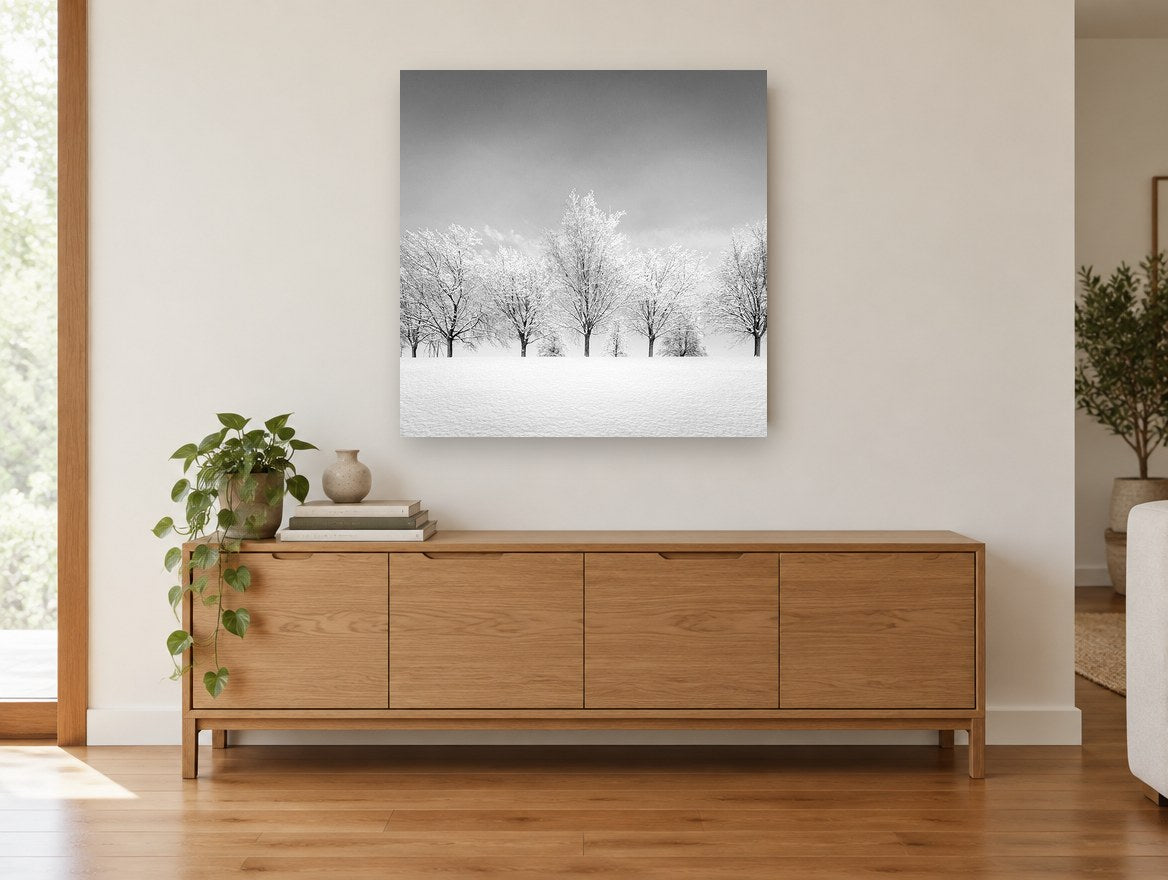 Frosted Tree Row landscape canvas print on the wall of a living room above a sideboard