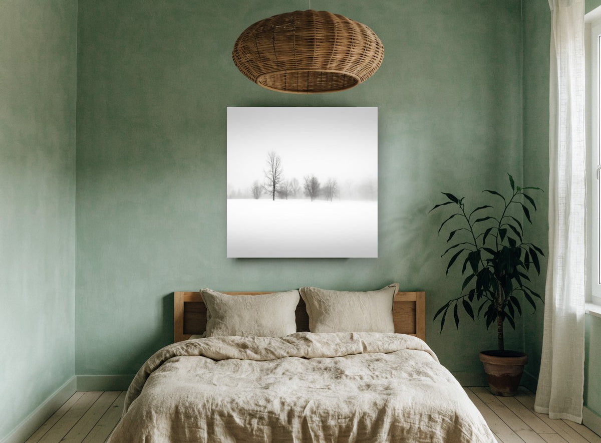 Quiet Winter Fog landscape canvas print on the wall of a bedroom