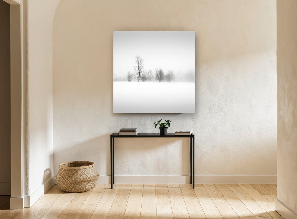 Quiet Winter Fog landscape canvas print on the wall of a hallway