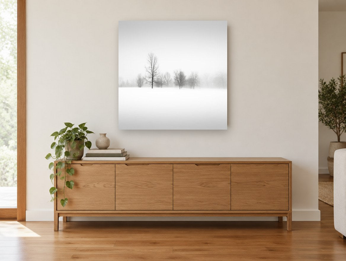 Quiet Winter Fog landscape canvas print on the wall of a living room above a sideboard