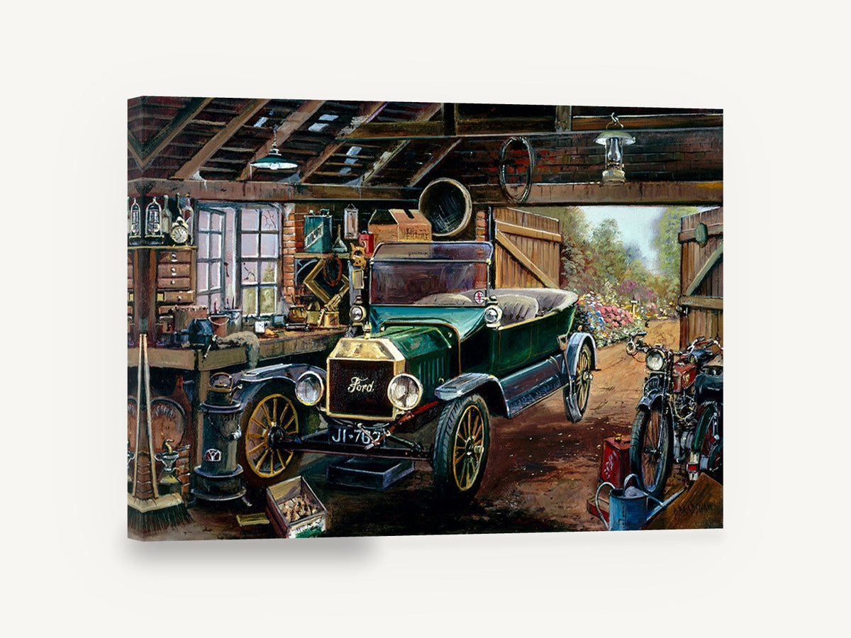 Model T in the Workshop, vintage ford model t garage, stretched canvas wall art print ready to hang