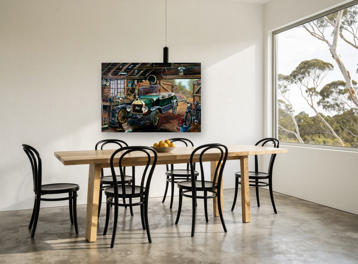 Model T in the Workshop vintage canvas print on the wall of a dining room