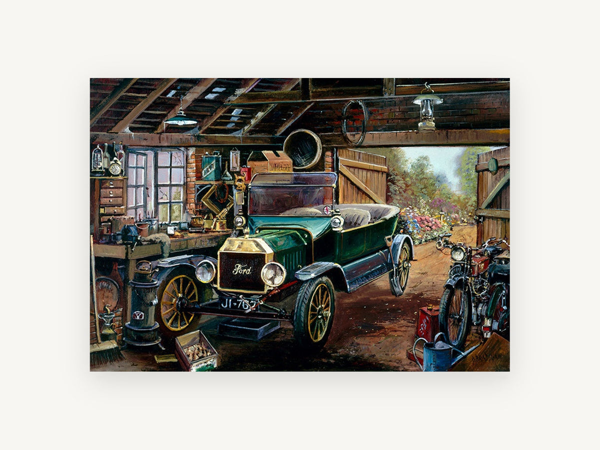 Model T in the Workshop, vintage canvas wall art print, front view