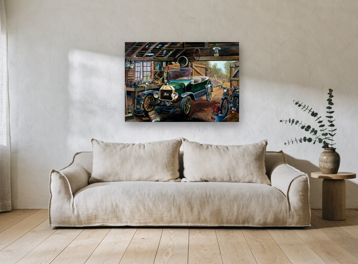 Model T in the Workshop vintage canvas print on the wall of a living room