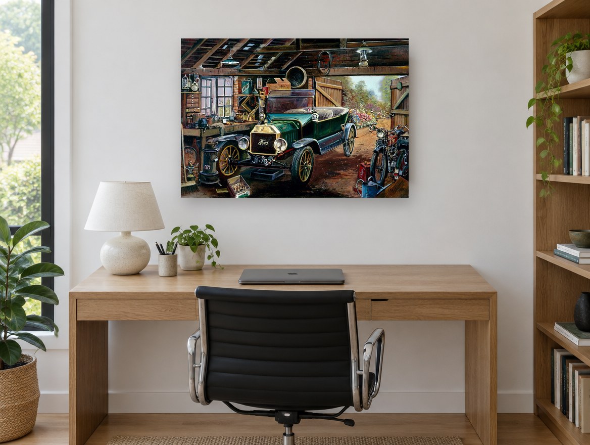 Model T in the Workshop vintage canvas print on the wall of a study