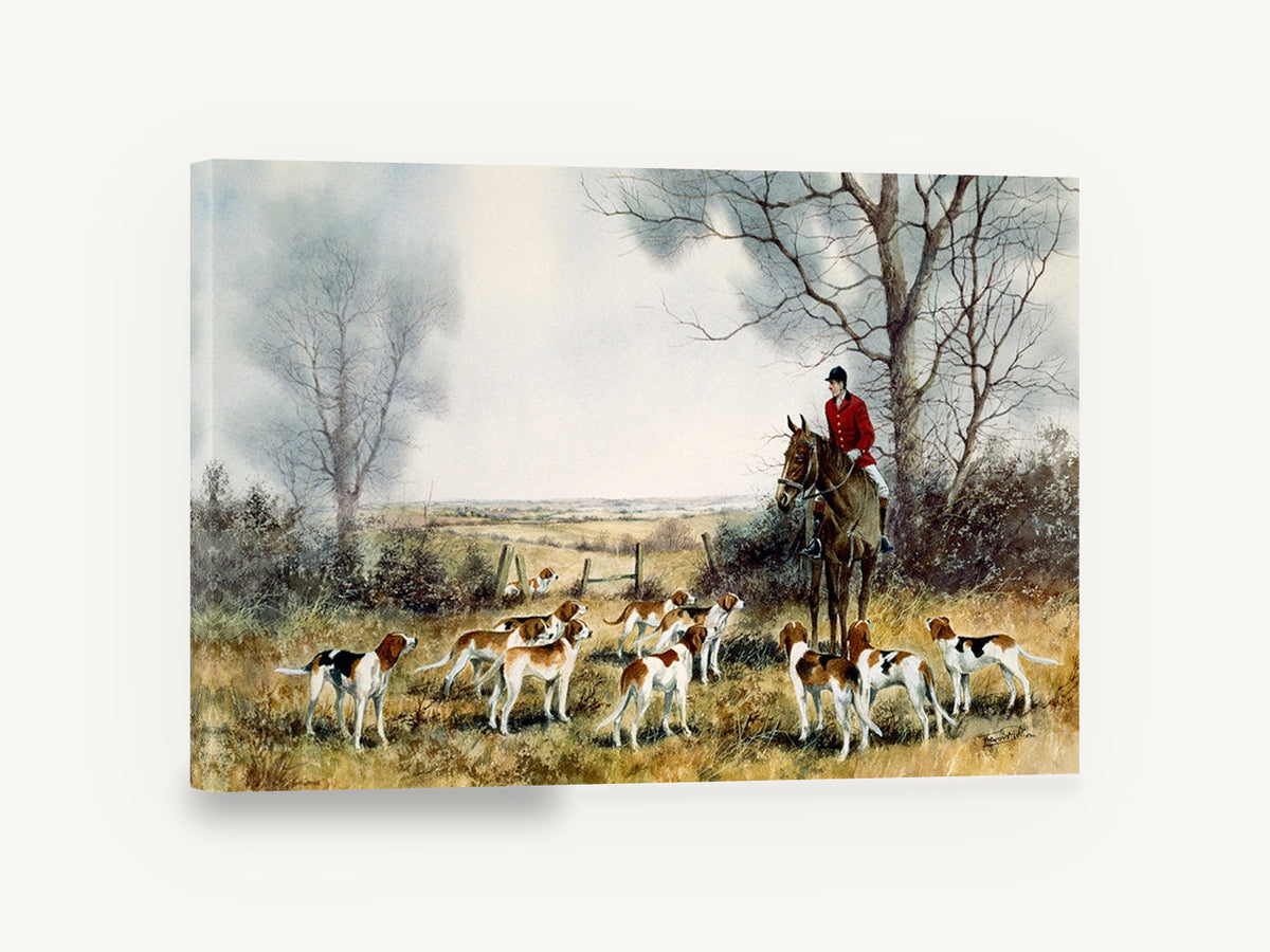 Hounds Awaiting the Hunt, hunting hounds and rider watercolour, animal canvas wall art print ready to hang