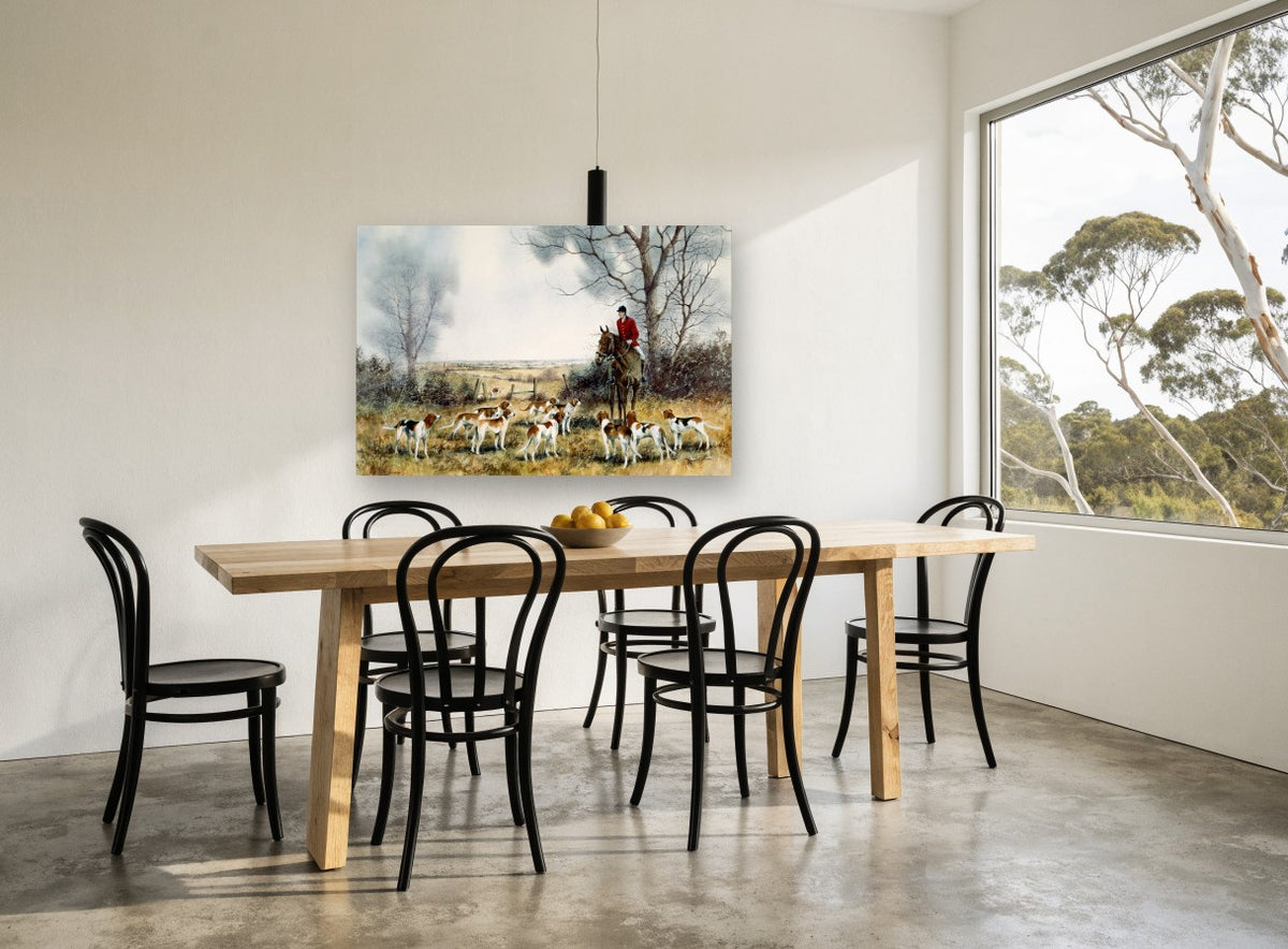 Hounds Awaiting the Hunt animal canvas print on the wall of a dining room