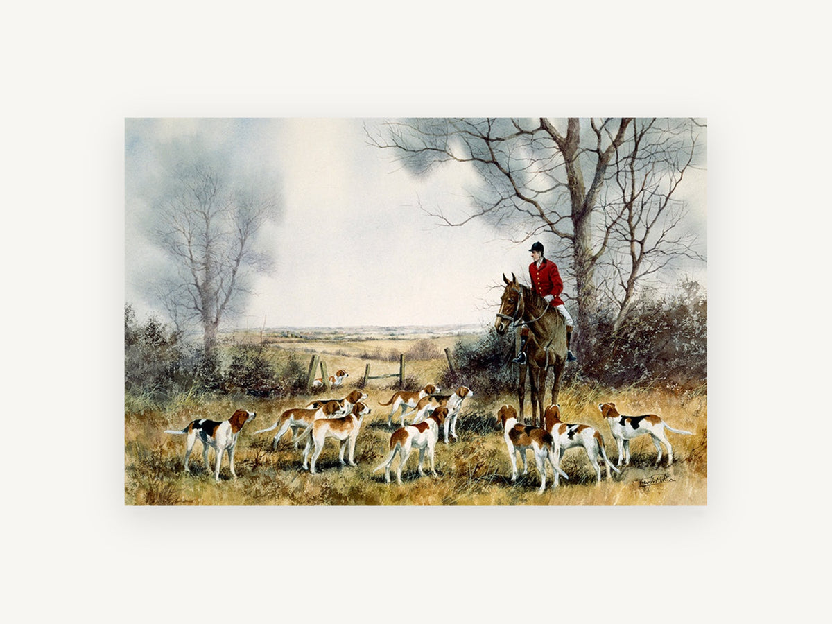 Hounds Awaiting the Hunt, hunting hounds and rider watercolour, animal canvas wall art print, front view