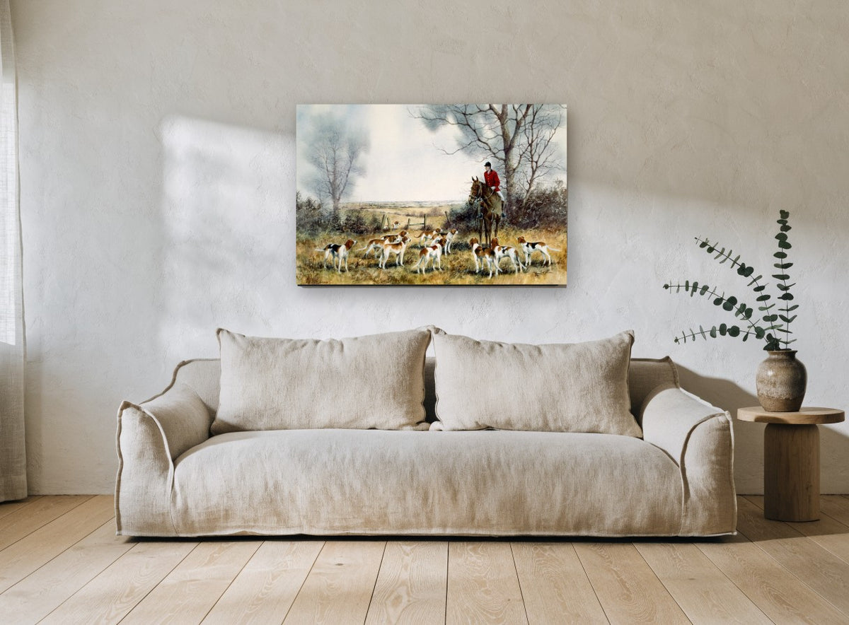 Hounds Awaiting the Hunt animal canvas print on the wall of a living room