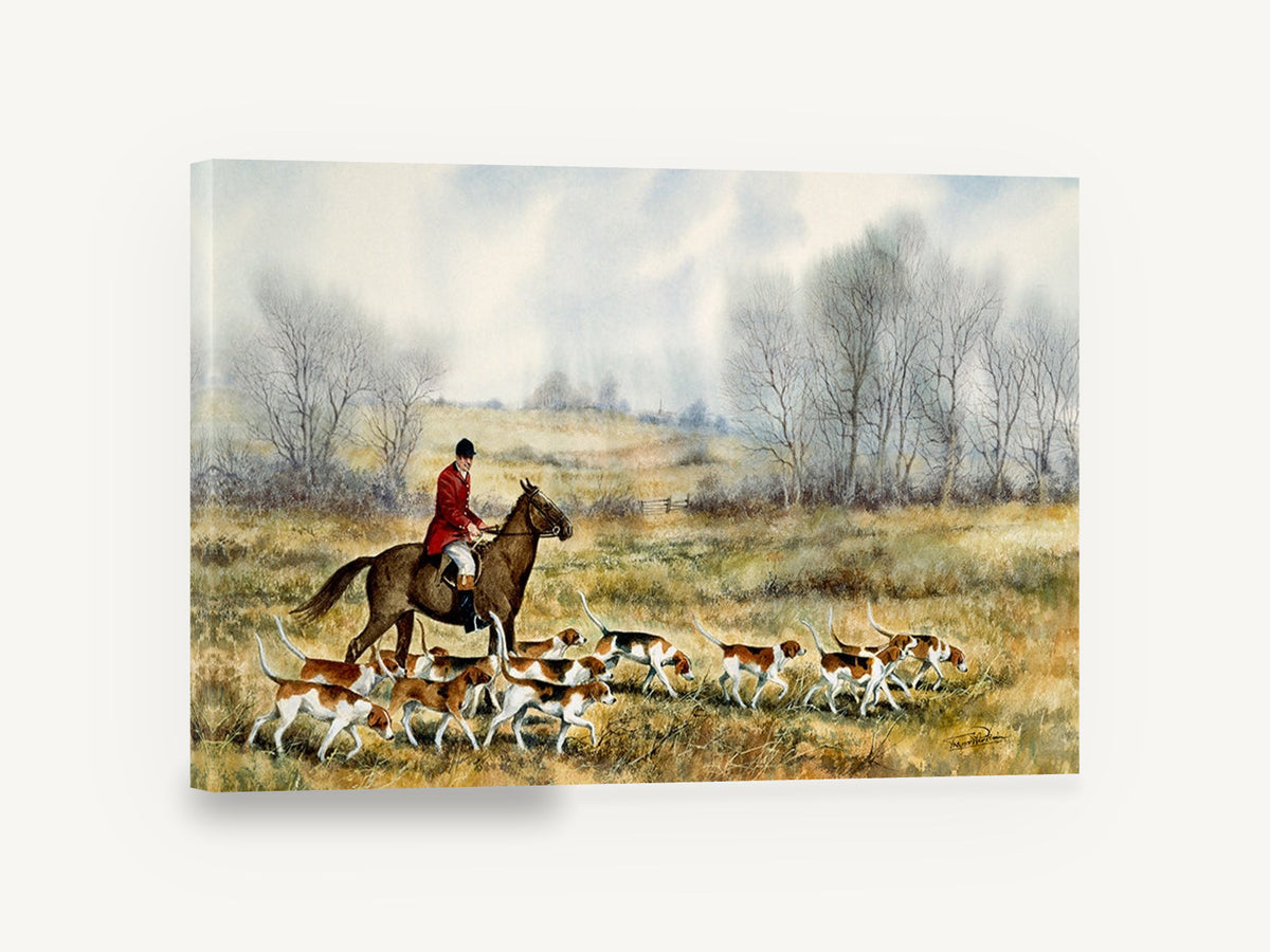 Hounds Across the Meadow, hunting hounds and rider watercolour, animal canvas wall art print ready to hang