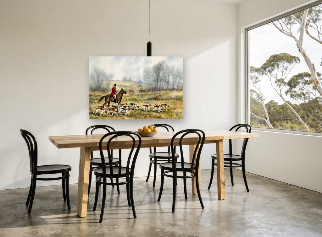 Hounds Across the Meadow animal canvas print on the wall of a dining room