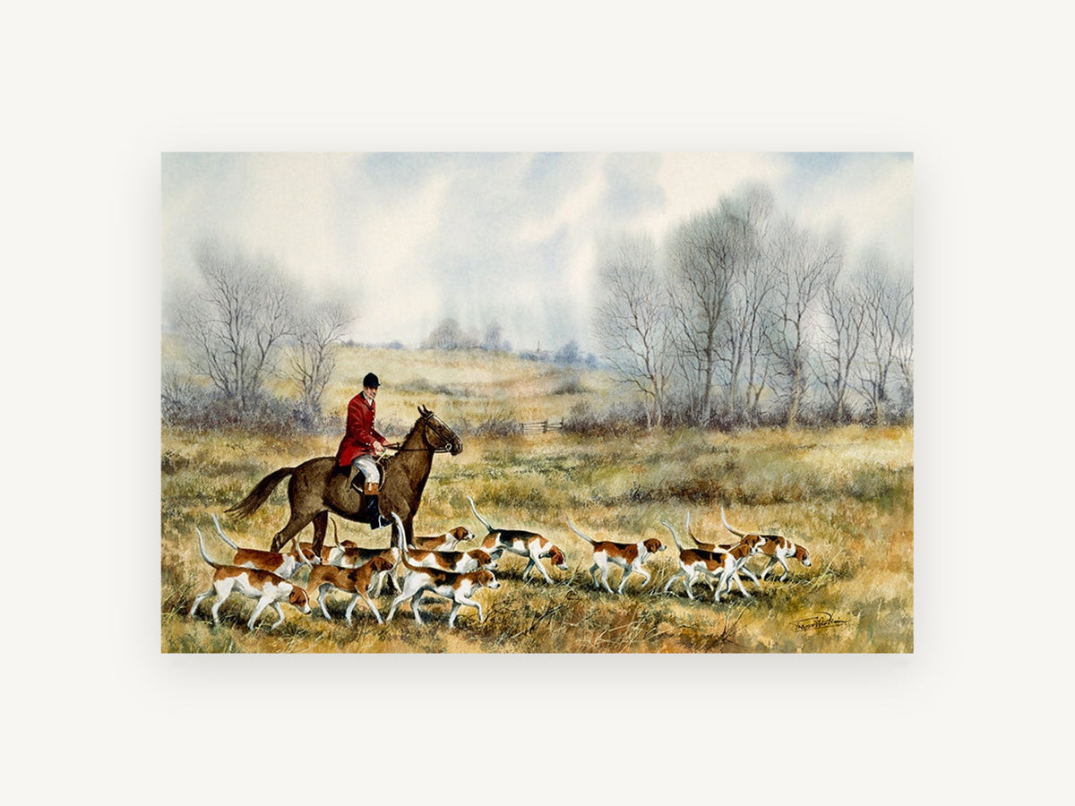 Hounds Across the Meadow, hunting hounds and rider watercolour, animal canvas wall art print, front view