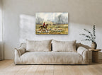 Hounds Across the Meadow animal canvas print on the wall of a living room