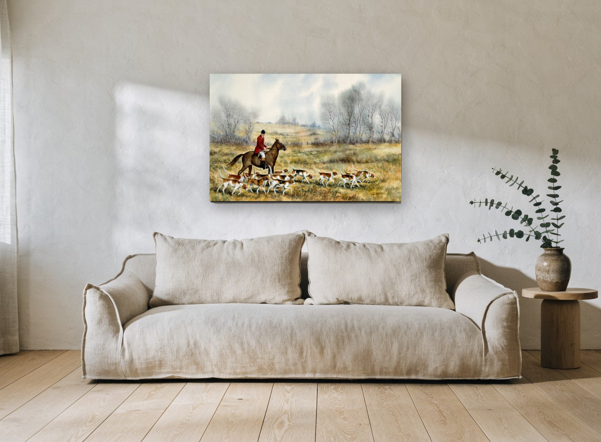 Hounds Across the Meadow animal canvas print on the wall of a living room