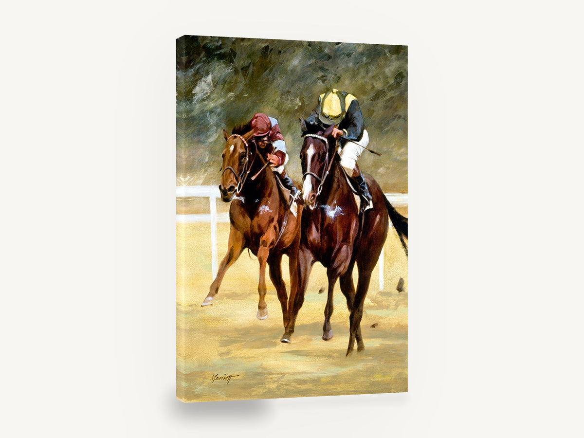 Neck and Neck, racehorses and jockeys painting style artwork, animal canvas wall art print ready to hang