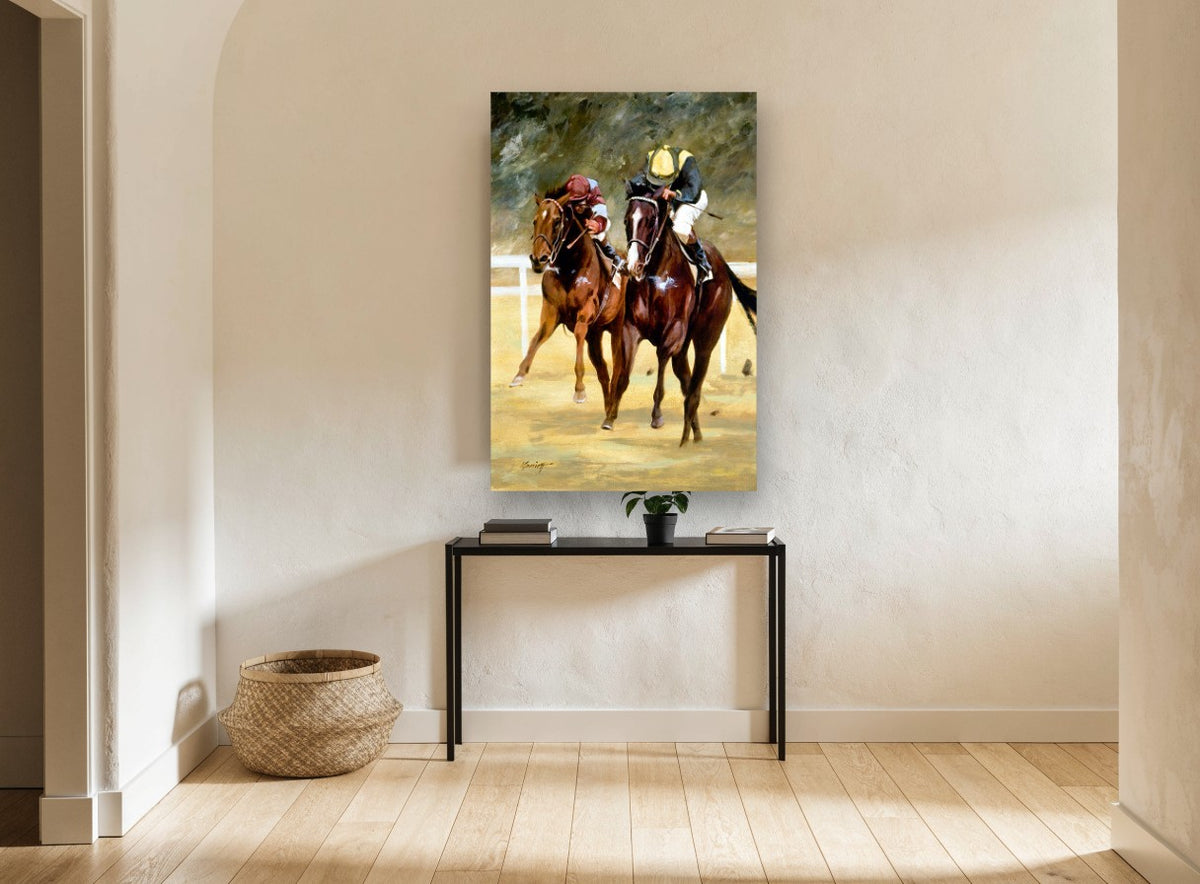 Neck and Neck animal canvas print on the wall of a hallway