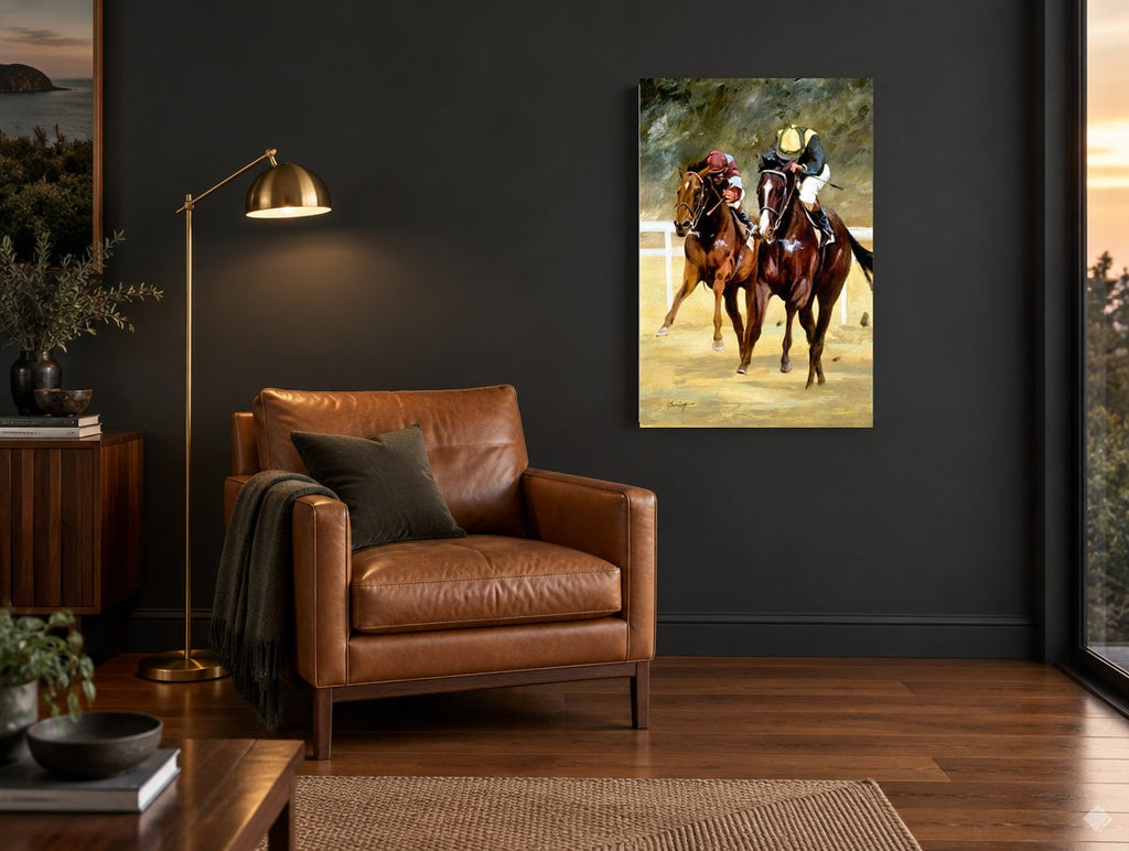 Neck and Neck animal canvas print on the wall of a charcoal living room