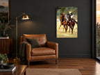 Neck and Neck animal canvas print on the wall of a charcoal living room