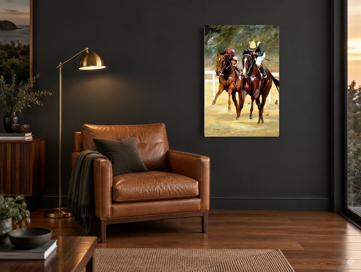 Neck and Neck animal canvas print on the wall of a charcoal living room