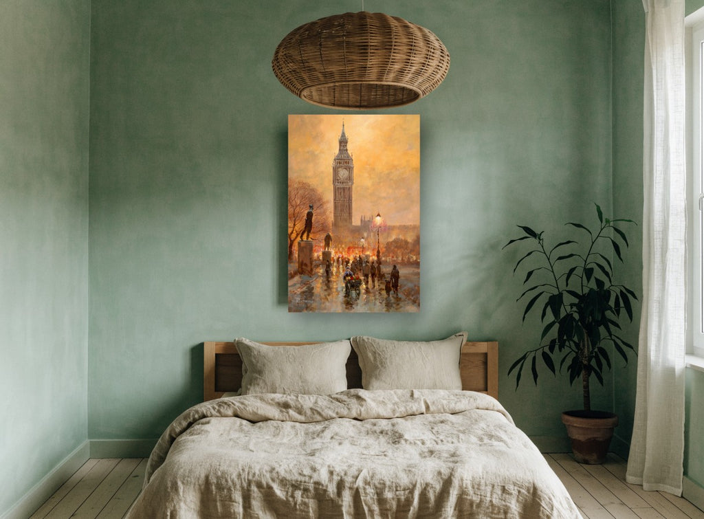 Big Ben Evening Glow city canvas print on the wall of a bedroom