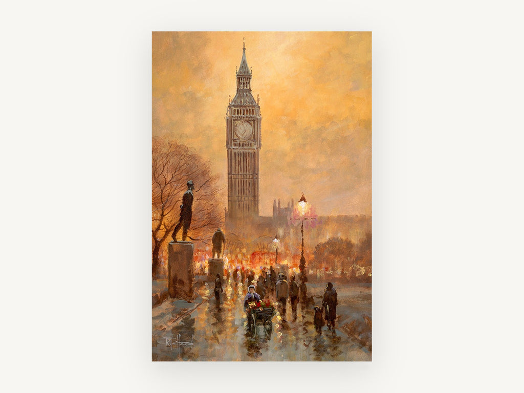Big Ben Evening Glow, big ben london street scene painting, city canvas wall art print, front view