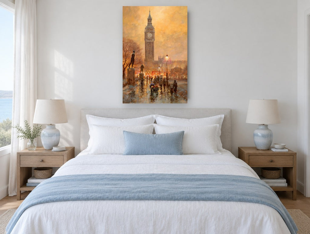 Big Ben Evening Glow city canvas print on the wall of a bedroom
