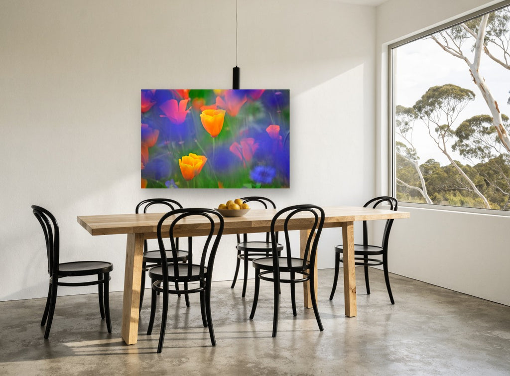 Poppies in Blue Haze floral canvas print on the wall of a dining room