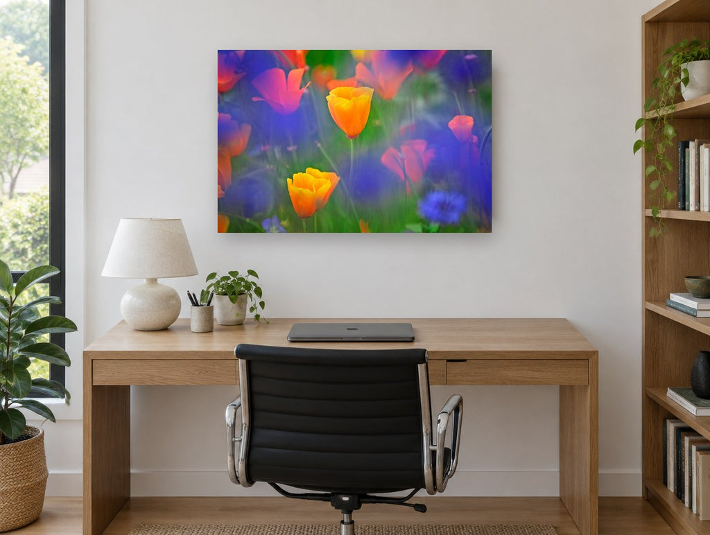 Poppies in Blue Haze floral canvas print on the wall of a study
