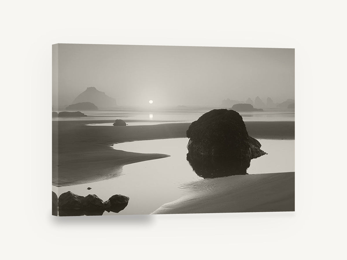 Misty Tidepool Sunrise, misty beach sunset black and white, coastal canvas wall art print ready to hang